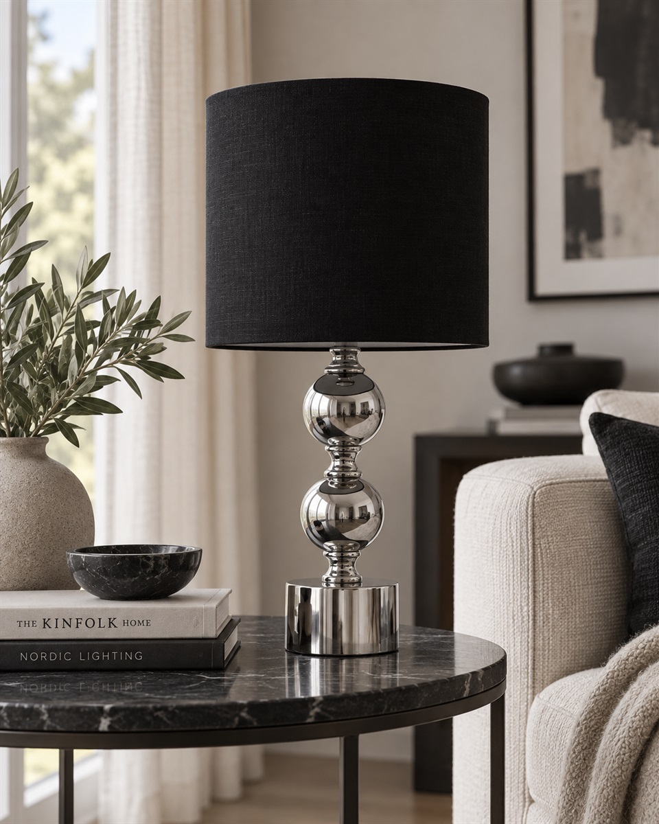 Circolo 48cm Krom/svart bordslampa från Nordic Lighting - Circolo bordslampa kombinerar en dekorativ fot i metall med elegant kromfinish och en klassisk svart linnesk&auml;rm.