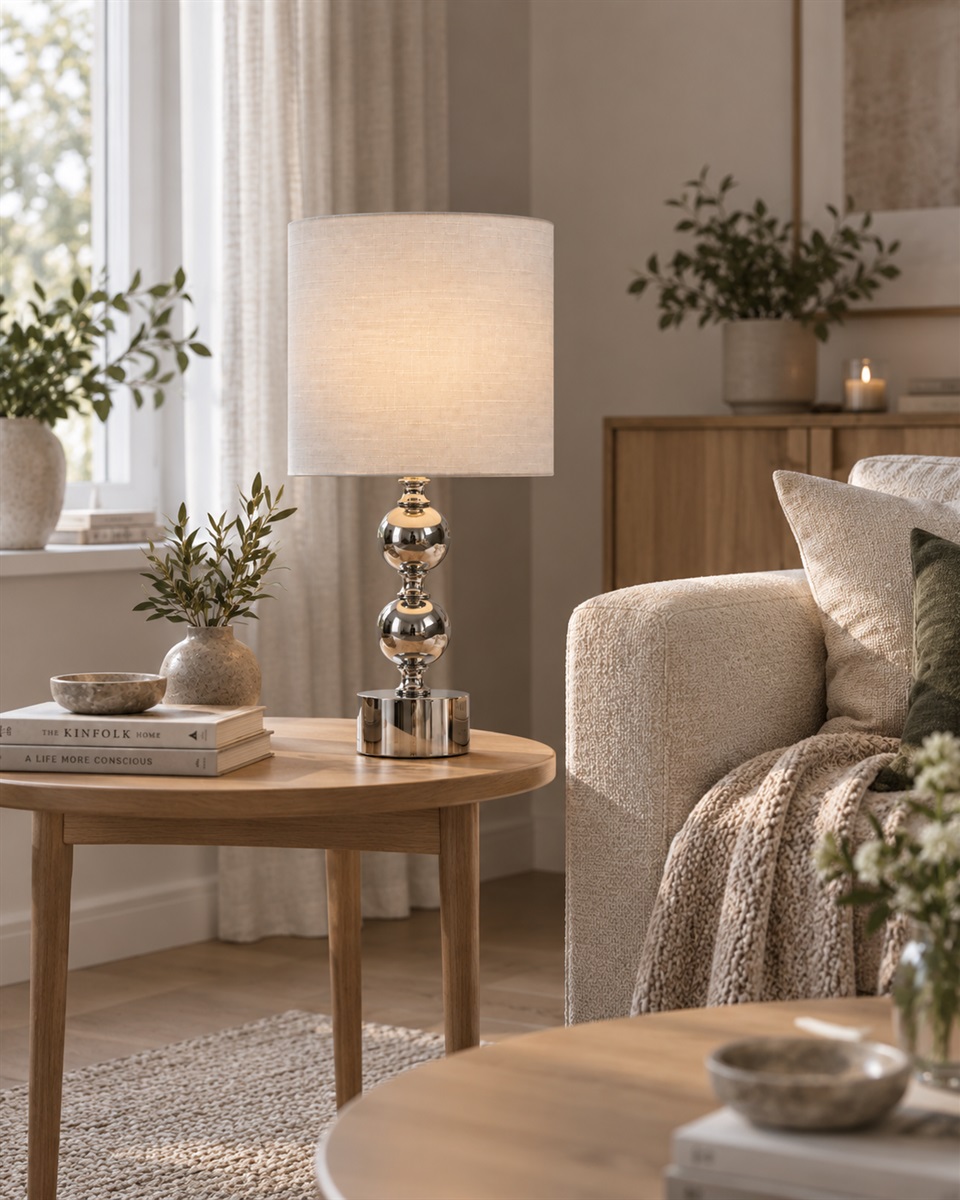 Circolo 48cm Krom/vit bordslampa från Nordic Lighting - Circolo bordslampa kombinerar en dekorativ fot i metall med elegant kromfinish och en klassisk vit linnesk&auml;rm.