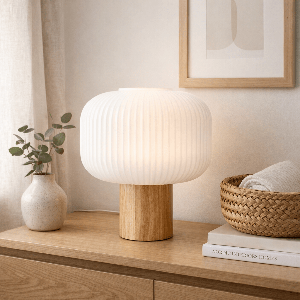 Ekerum 34cm Vit bordslampa från Nordic Lighting - Lampfoten i tr&auml; ger ett varmt och gediget uttryck, medan den vita r&auml;fflade glaskupan skapar ett behagligt och mjukt ljus.