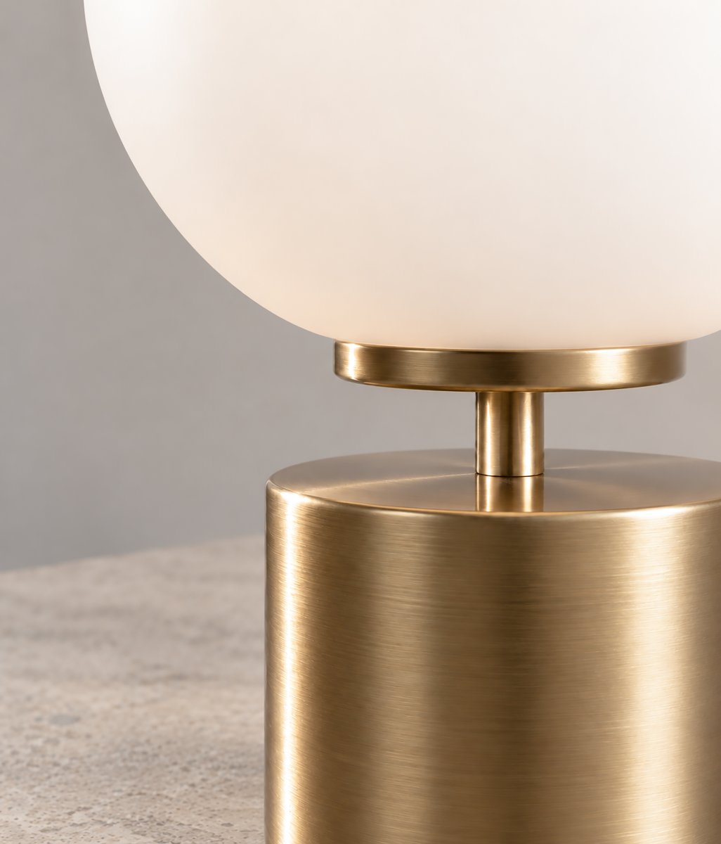 Ballon 24cm Mässing bordslampa från Herstal - Ballon &auml;r en elegant bordslampa med en stilren och tidl&ouml;s design som kombinerar metall i en vacker satin m&auml;ssingfinish med en rund sk&auml;rm av opalglas.
