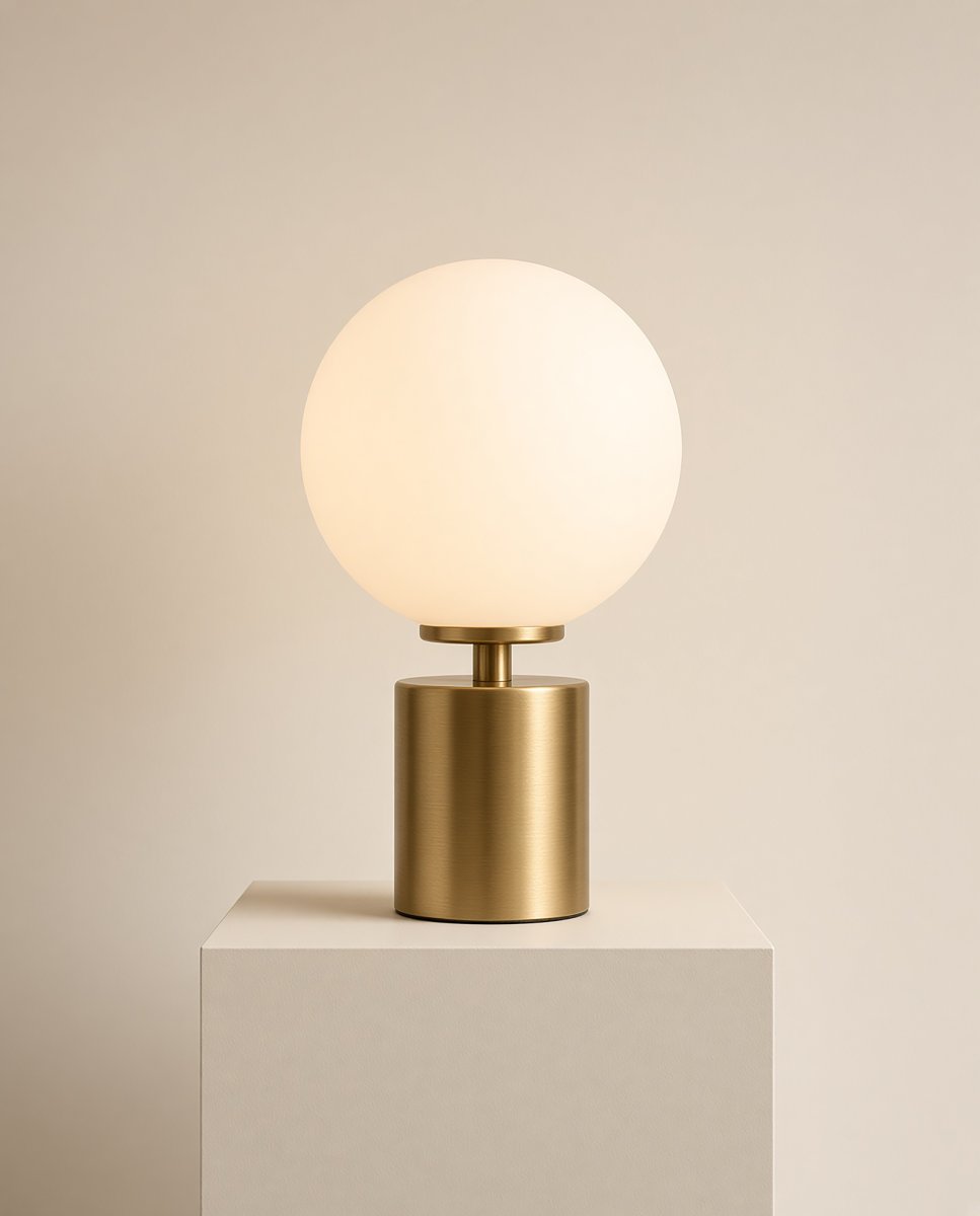 Ballon 24cm Mässing bordslampa från Herstal - Ballon &auml;r en elegant bordslampa med en stilren och tidl&ouml;s design som kombinerar metall i en vacker satin m&auml;ssingfinish med en rund sk&auml;rm av opalglas.