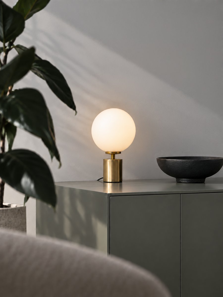 Ballon 24cm Mässing bordslampa från Herstal - Ballon &auml;r en elegant bordslampa med en stilren och tidl&ouml;s design som kombinerar metall i en vacker satin m&auml;ssingfinish med en rund sk&auml;rm av opalglas.