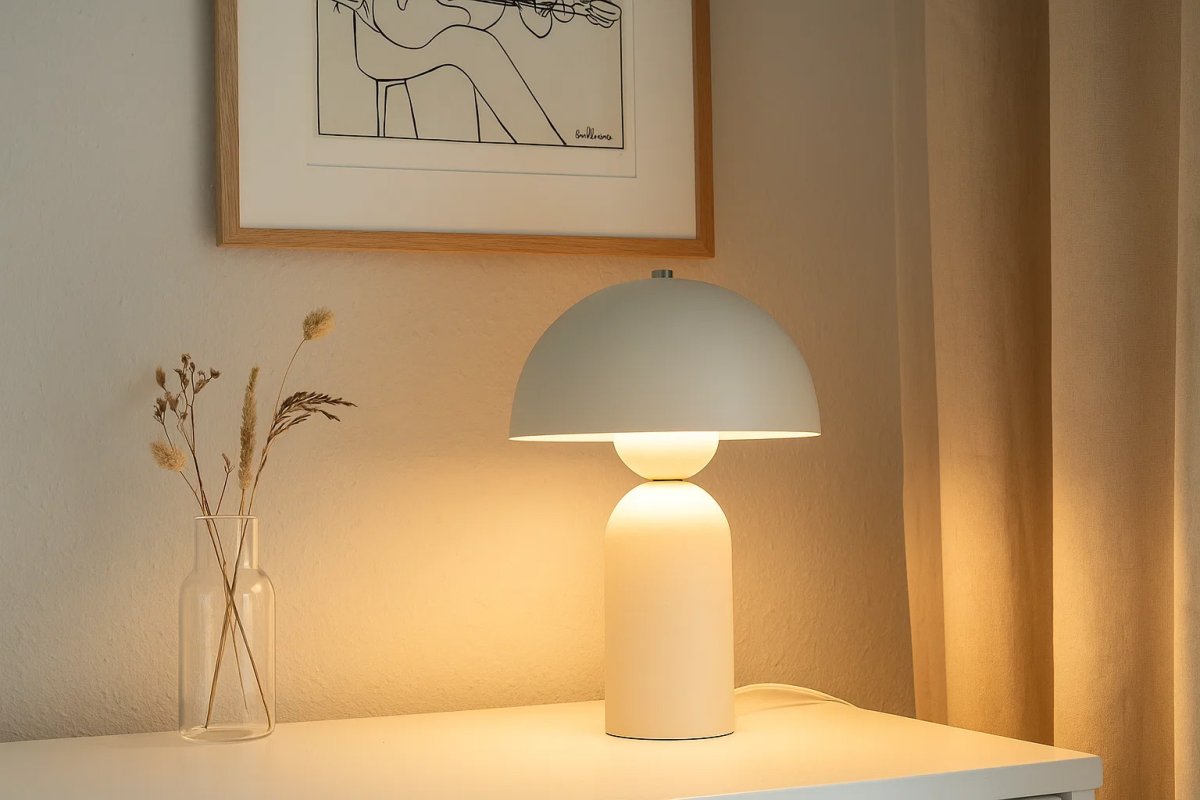 Capello 35cm Vit bordslampa från Nordic Lighting - Den dekorativa kromdetaljen p&aring; toppen ger ett elegant lyft och g&ouml;r lampan till ett vackert inslag i b&aring;de sovrum, vardagsrum och hall.