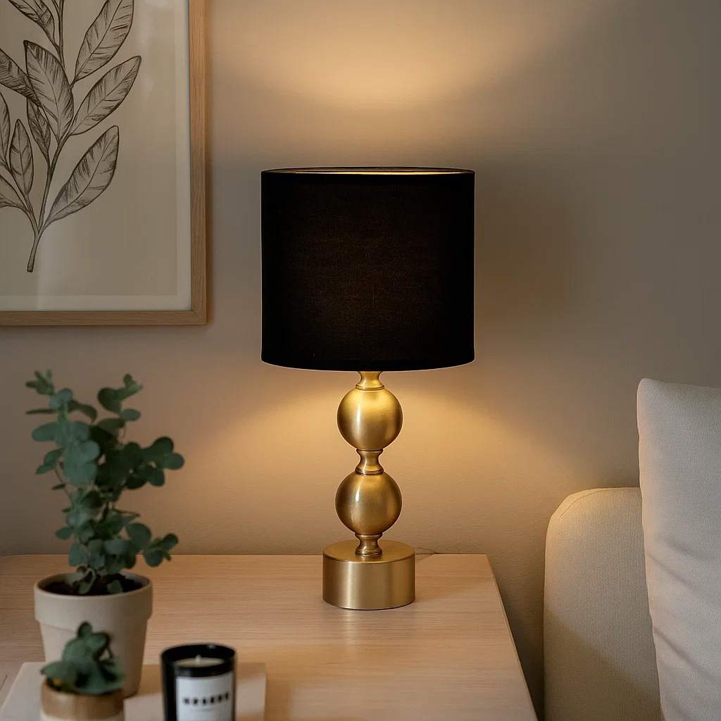 Circolo 48cm Mässing/svart bordslampa från Nordic Lighting - Circolo bordslampa kombinerar en dekorativ fot i metall med elegant m&auml;ssingsfinish och en klassisk svart linnesk&auml;rm.