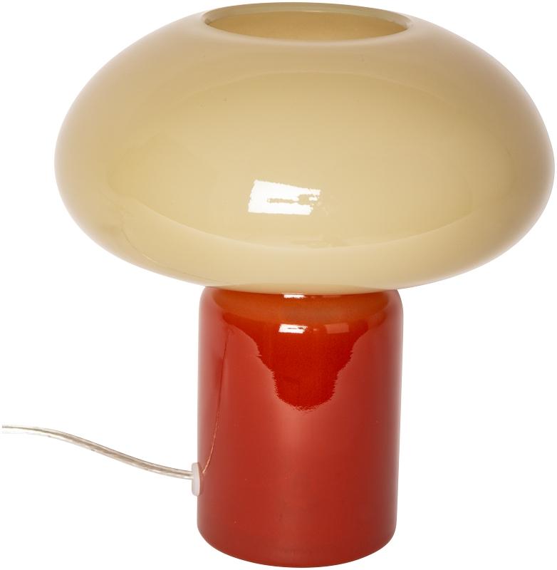 Glas 23cm Röd/beige bordslampa från Eja - Lampans fot i r&ouml;tt glas kombineras elegant med sk&auml;rmen i beige och skapar ett harmoniskt uttryck som passar i m&aring;nga olika milj&ouml;er.