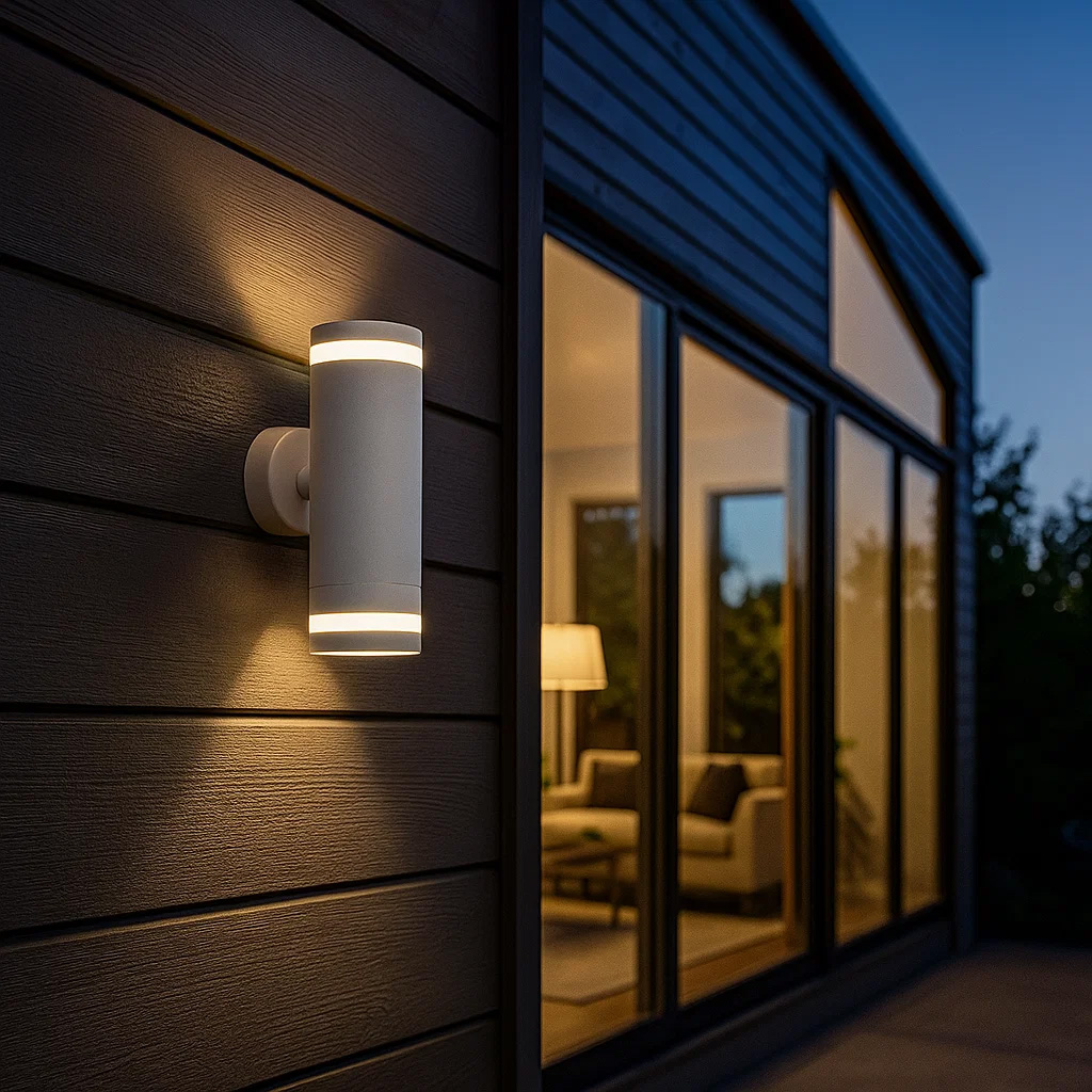 Cylinder Duo Vit utelampa från Lampan - Lampan lyser fint b&aring;de upp och ner p&aring; v&auml;ggen.