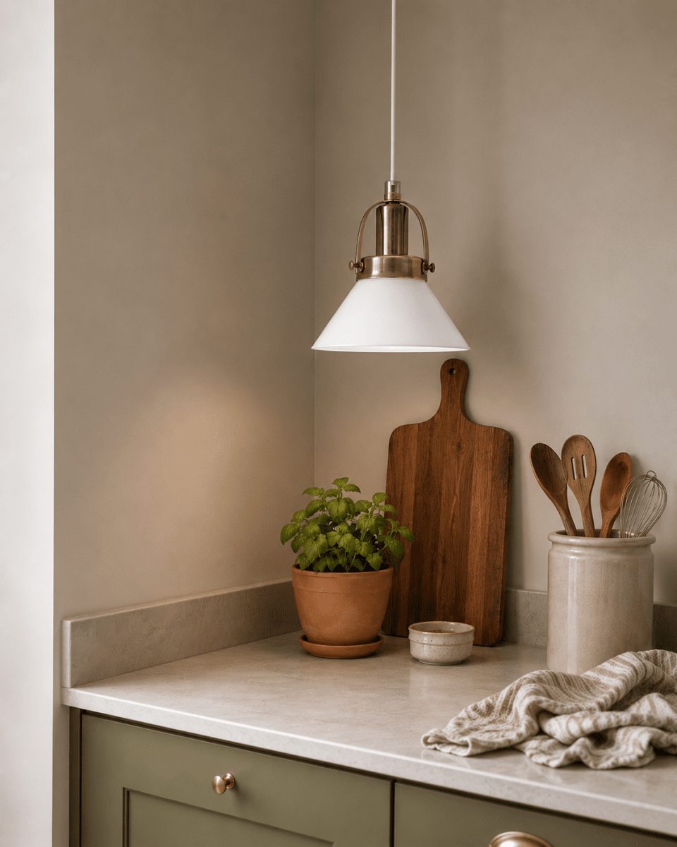 Mäster Ø15 Antikmässing/vit fönsterlampa från Lampan - Kupan i opalglas ger ett j&auml;mnt och behagligt ljus som skapar en inbjudande k&auml;nsla i rummet.