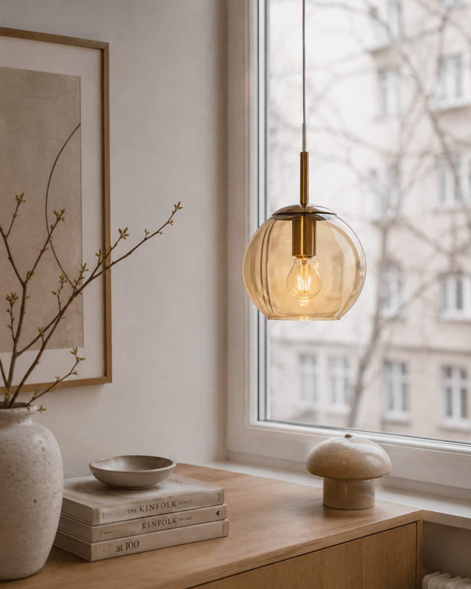 Globi Ø15 Mässing/amber fönsterlampa från Nordic Lighting - Globi f&ouml;nsterlampa &auml;r en stilren och modern lampa som ger rummet en varm och ombonad k&auml;nsla.