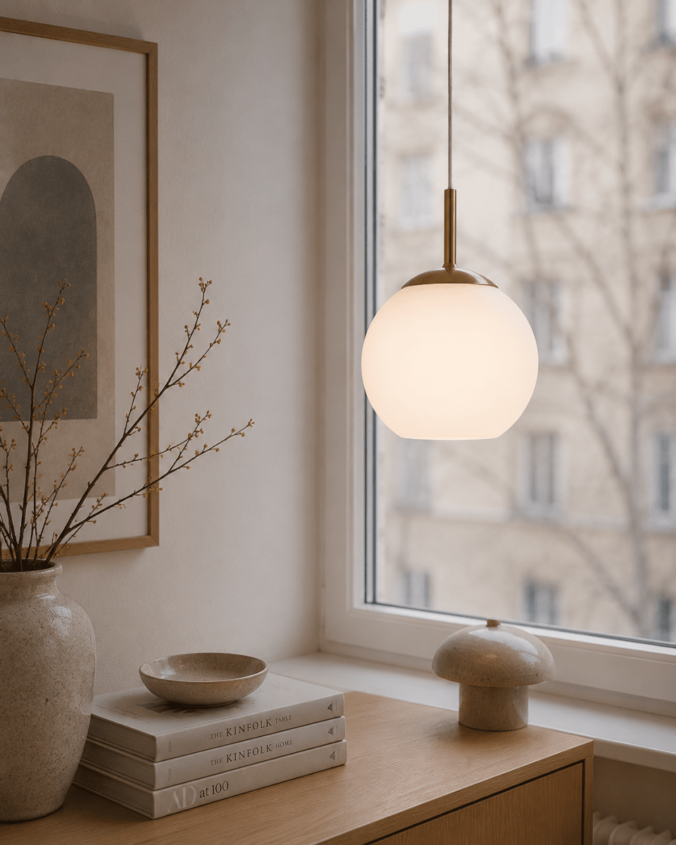 Globi Ø15 Mässing/vit fönsterlampa från Nordic Lighting - Globi f&ouml;nsterlampa &auml;r en stilren och modern lampa som ger rummet en varm och ombonad k&auml;nsla.