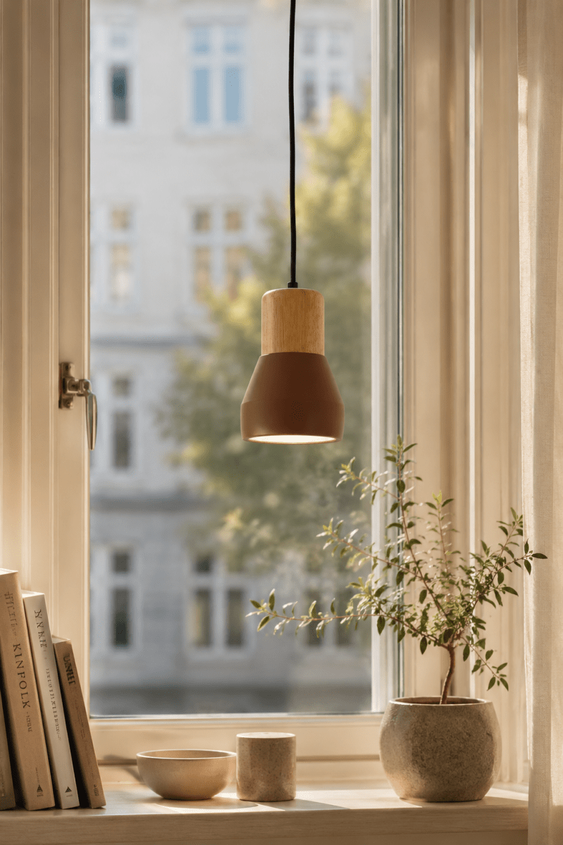 Pepe Ø13 Rost fönsterlampa från Nordic Lighting - Kombinationen av tr&auml; och betong ger ett robust och samtidigt varmt uttryck, medan den matta rostf&auml;rgen tillf&ouml;r ett lugn och trendig k&auml;nsla.