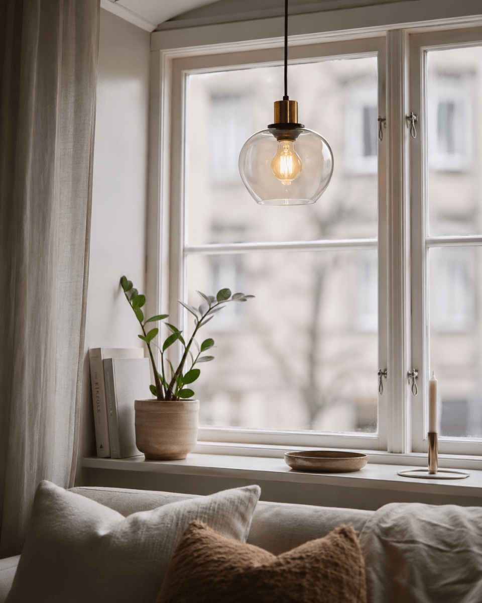 Ariston Ø20 Amber fönsterlampa från Lampan - Den b&auml;rnstensf&auml;rgade glaskupan ger ett varmt och behagligt ljus, medan detaljerna i borstad m&auml;ssingsfinish tillf&ouml;r en modern och exklusiv k&auml;nsla.