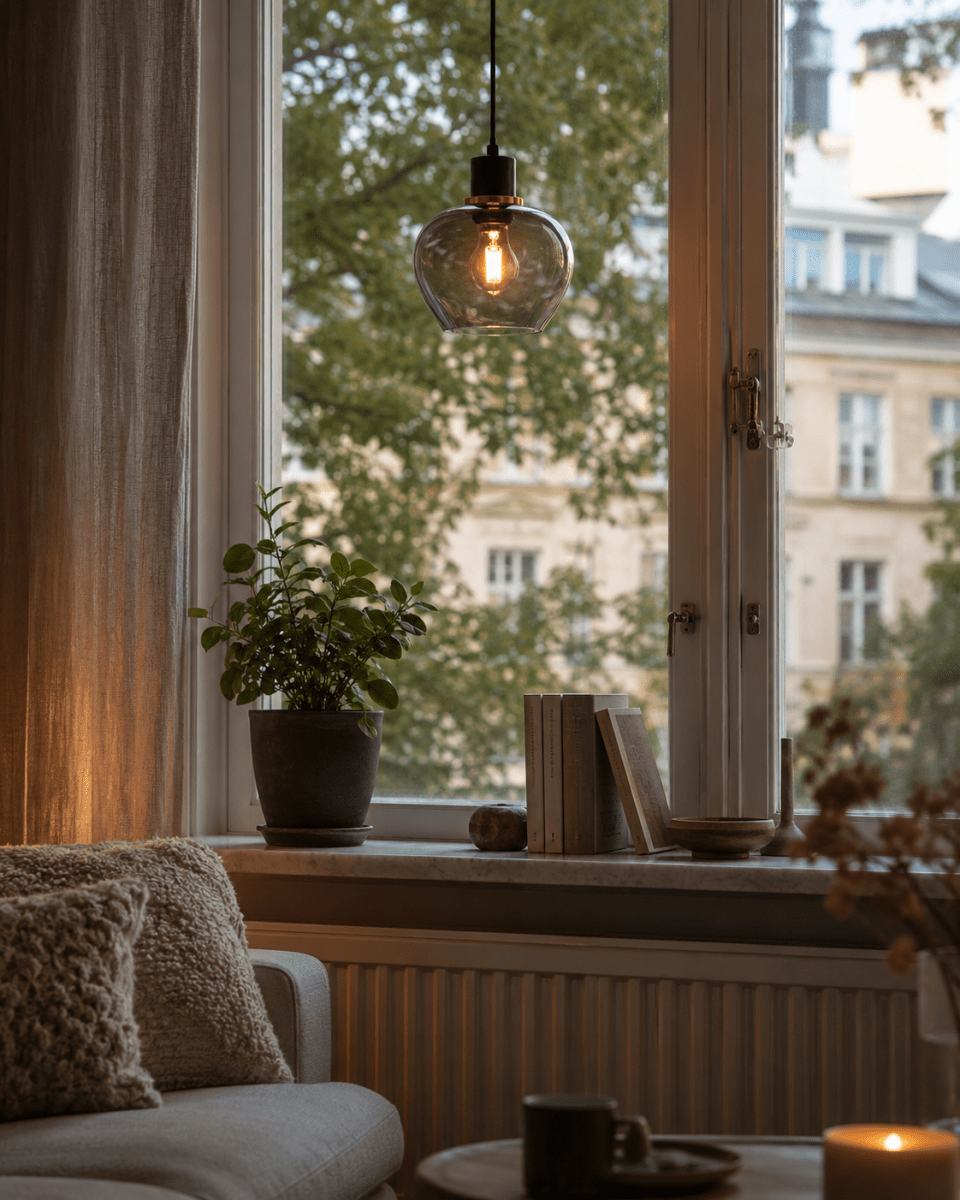 Ariston Ø20 Rökfärgad fönsterlampa från Lampan - Den r&ouml;kf&auml;rgade glaskupan ger ett fint och behagligt ljus, medan detaljen i borstad m&auml;ssingsfinish tillf&ouml;r en modern och exklusiv k&auml;nsla.