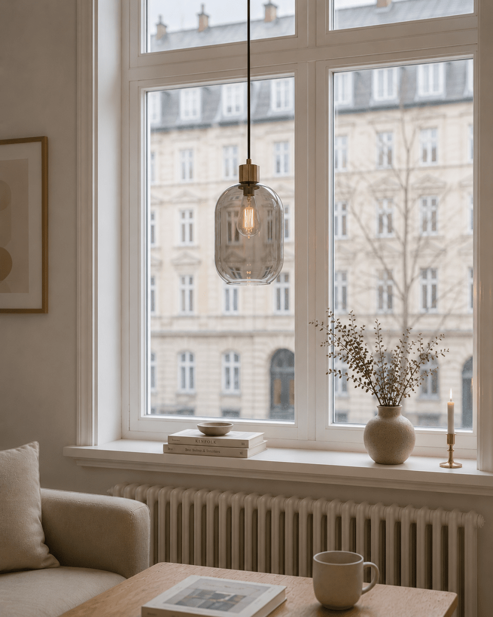 Origo Ø20 Rökfärgad fönsterlampa från Lampan - Den r&ouml;kf&auml;rgade glaskupan ger ett mjukt och st&auml;mningsfullt ljus, medan detaljerna i matt guldfinish tillf&ouml;r en varm och exklusiv k&auml;nsla.