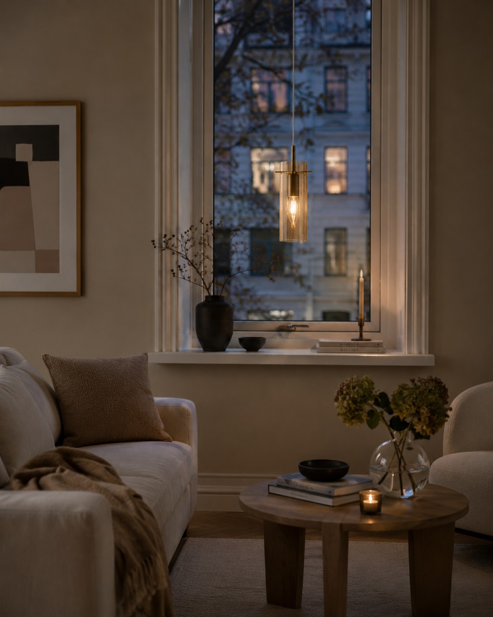 Cilinda Ø7 Mässing/amber fönsterlampa från Nordic Lighting - Det ambertonade glaset skapar en fin ljusspridning och i kombination med de antika m&auml;ssingdetaljerna blir det en snygg inredningsdetalj.
