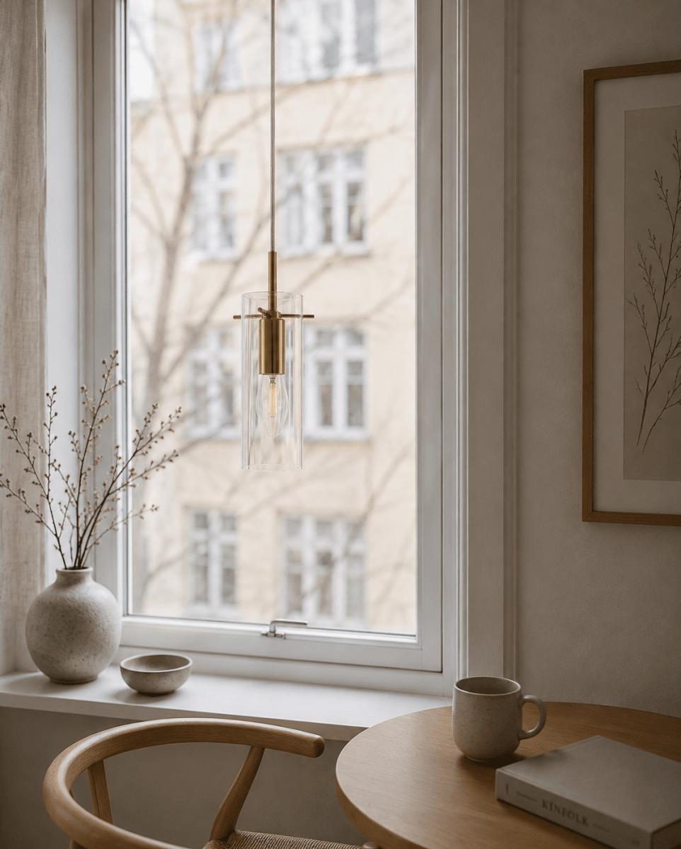 Cilinda Ø7 Mässing/transparent fönsterlampa från Nordic Lighting - Det klara glaset skapar en fin ljusspridning och i kombination med m&auml;ssingdetaljerna blir det en snygg inredningsdetalj.