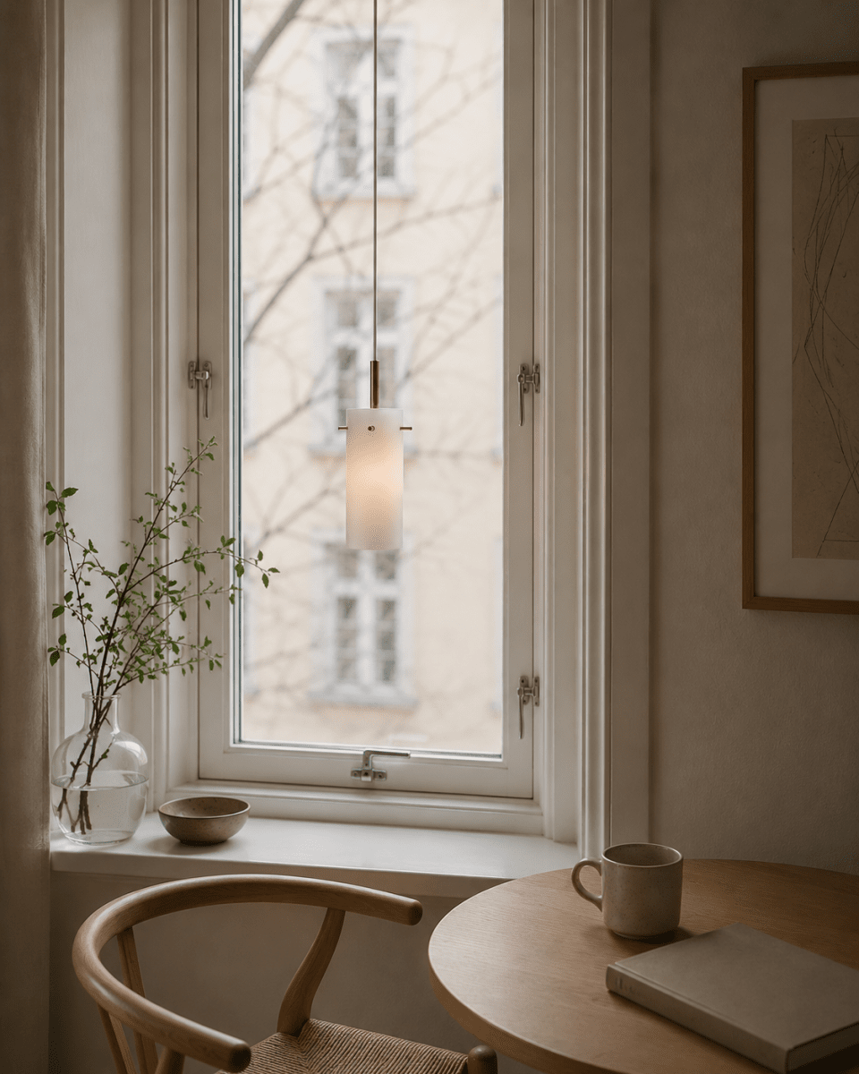 Cilinda Ø7 Mässing/vit fönsterlampa från Nordic Lighting - Det vita glaset skapar en fin ljusspridning och i kombination med m&auml;ssingdetaljerna blir det en snygg inredningsdetalj.