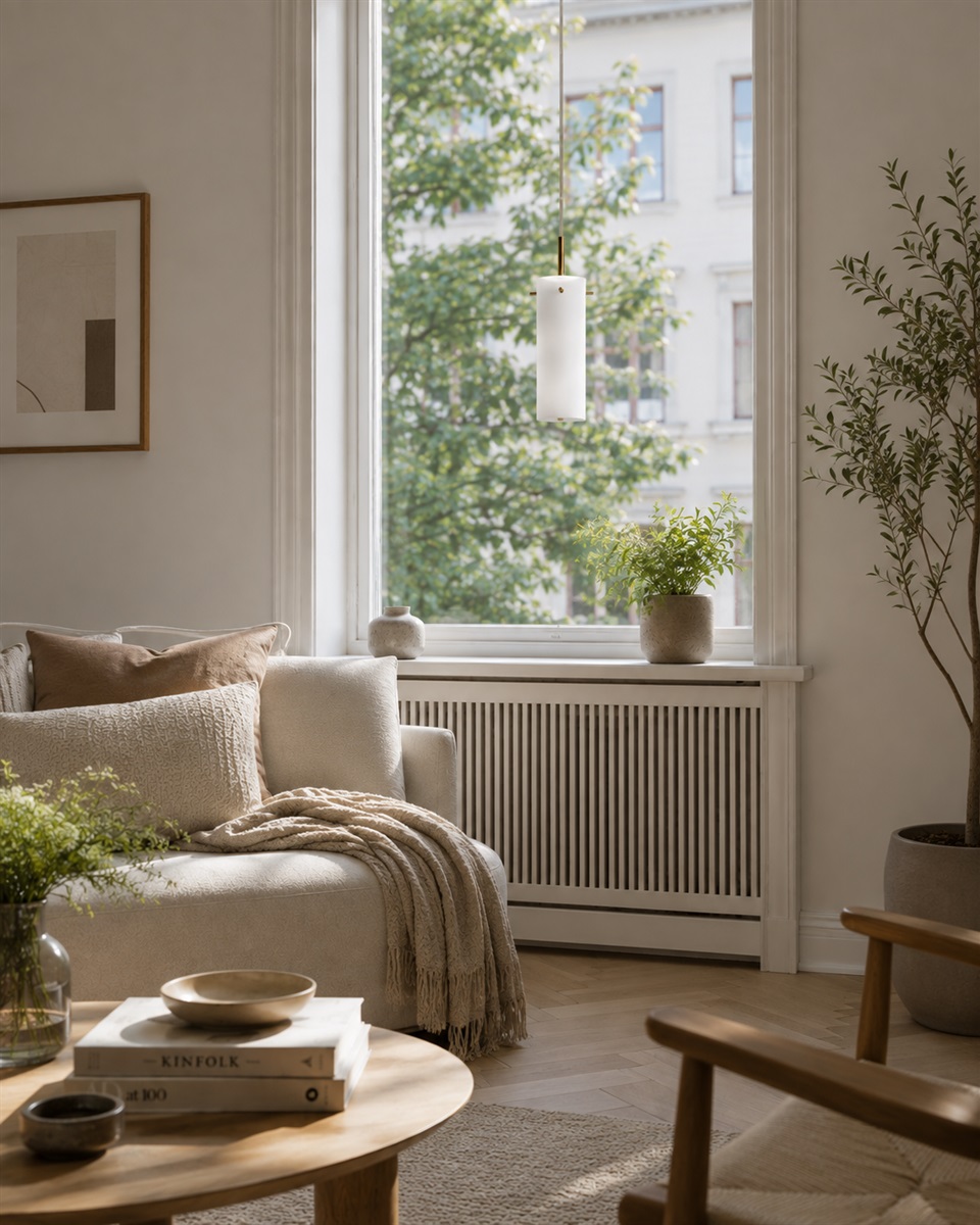 Cilinda Ø7 Mässing/vit fönsterlampa från Nordic Lighting - Det vita glaset skapar en fin ljusspridning och i kombination med m&auml;ssingdetaljerna blir det en snygg inredningsdetalj.