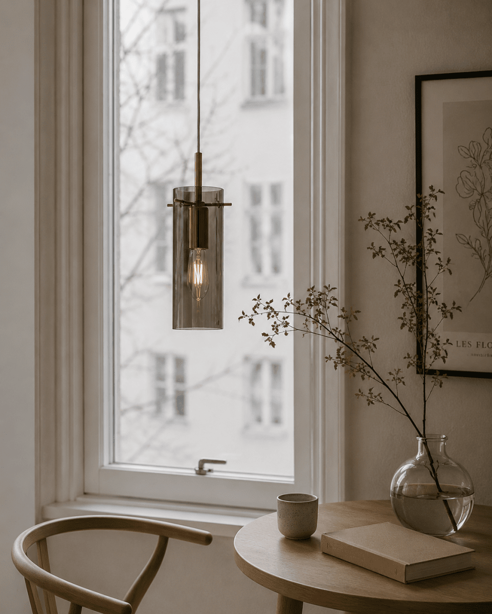 Cilinda Ø7 Mässing/rökfärgad fönsterlampa från Nordic Lighting - Det r&ouml;kf&auml;rgade glaset skapar en fin ljusspridning och i kombination med m&auml;ssingdetaljerna blir det en snygg inredningsdetalj.