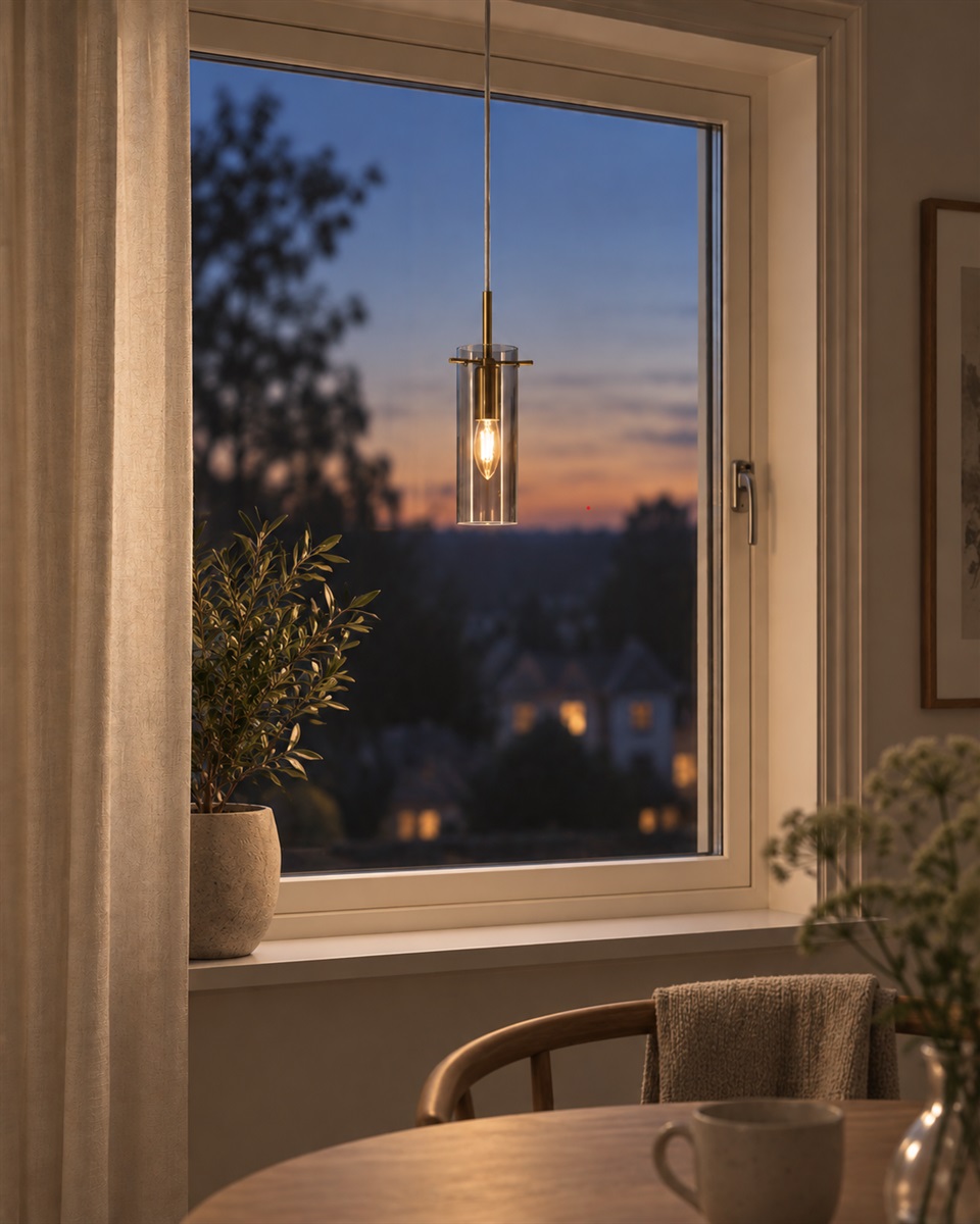Cilinda Ø7 Mässing/rökfärgad fönsterlampa från Nordic Lighting - Det r&ouml;kf&auml;rgade glaset skapar en fin ljusspridning och i kombination med m&auml;ssingdetaljerna blir det en snygg inredningsdetalj.