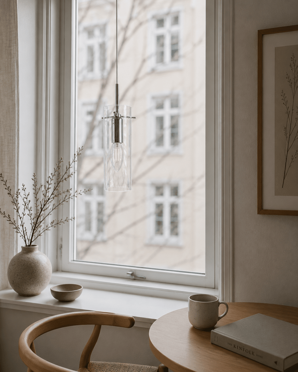Cilinda Ø7 Krom/transparent fönsterlampa från Nordic Lighting - Det klara glaset skapar en fin ljusspridning och i kombination med metallen ikromfinish blir det en snygg inredningsdetalj.