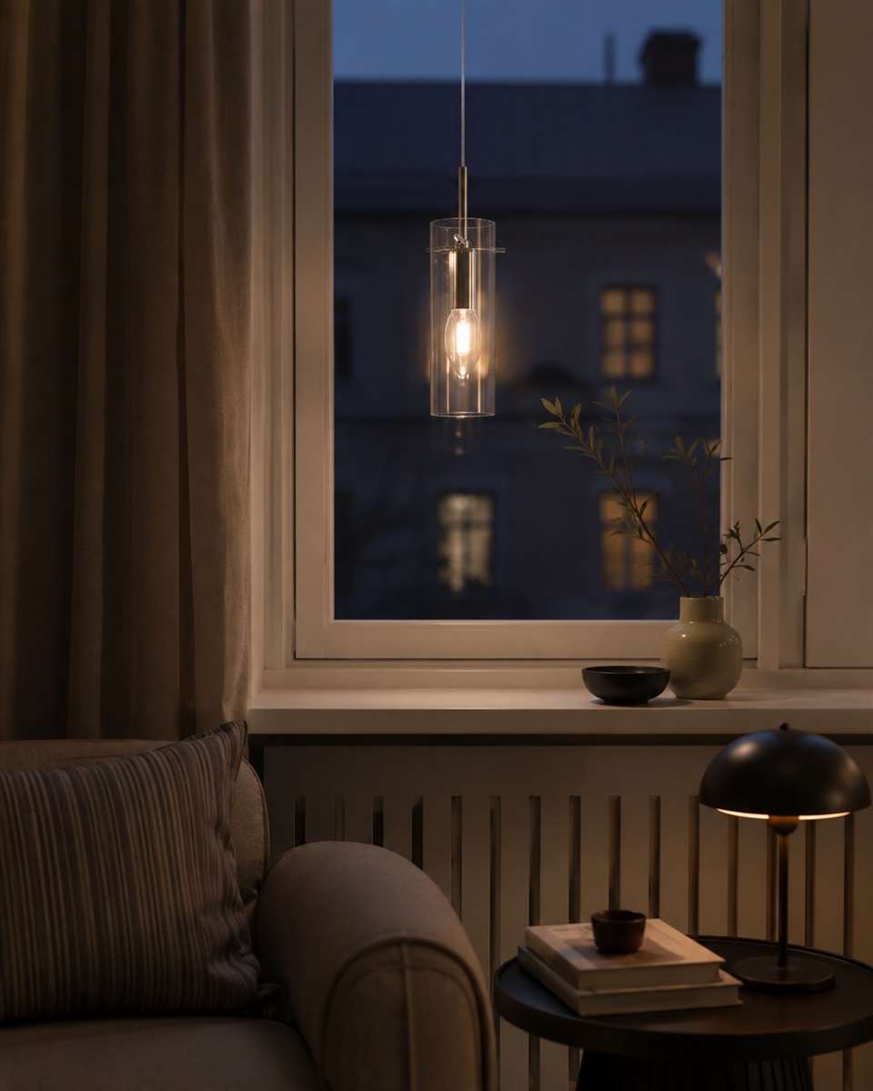 Cilinda Ø7 Krom/transparent fönsterlampa från Nordic Lighting - Det klara glaset skapar en fin ljusspridning och i kombination med metallen ikromfinish blir det en snygg inredningsdetalj.