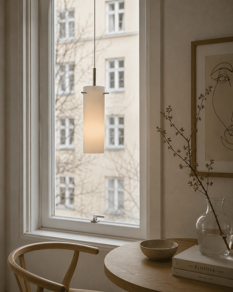 Cilinda Ø7 Krom/vit fönsterlampa från Nordic Lighting - Det vita glaset skapar en fin ljusspridning och i kombination med kromdetaljerna blir det en snygg inredningsdetalj.