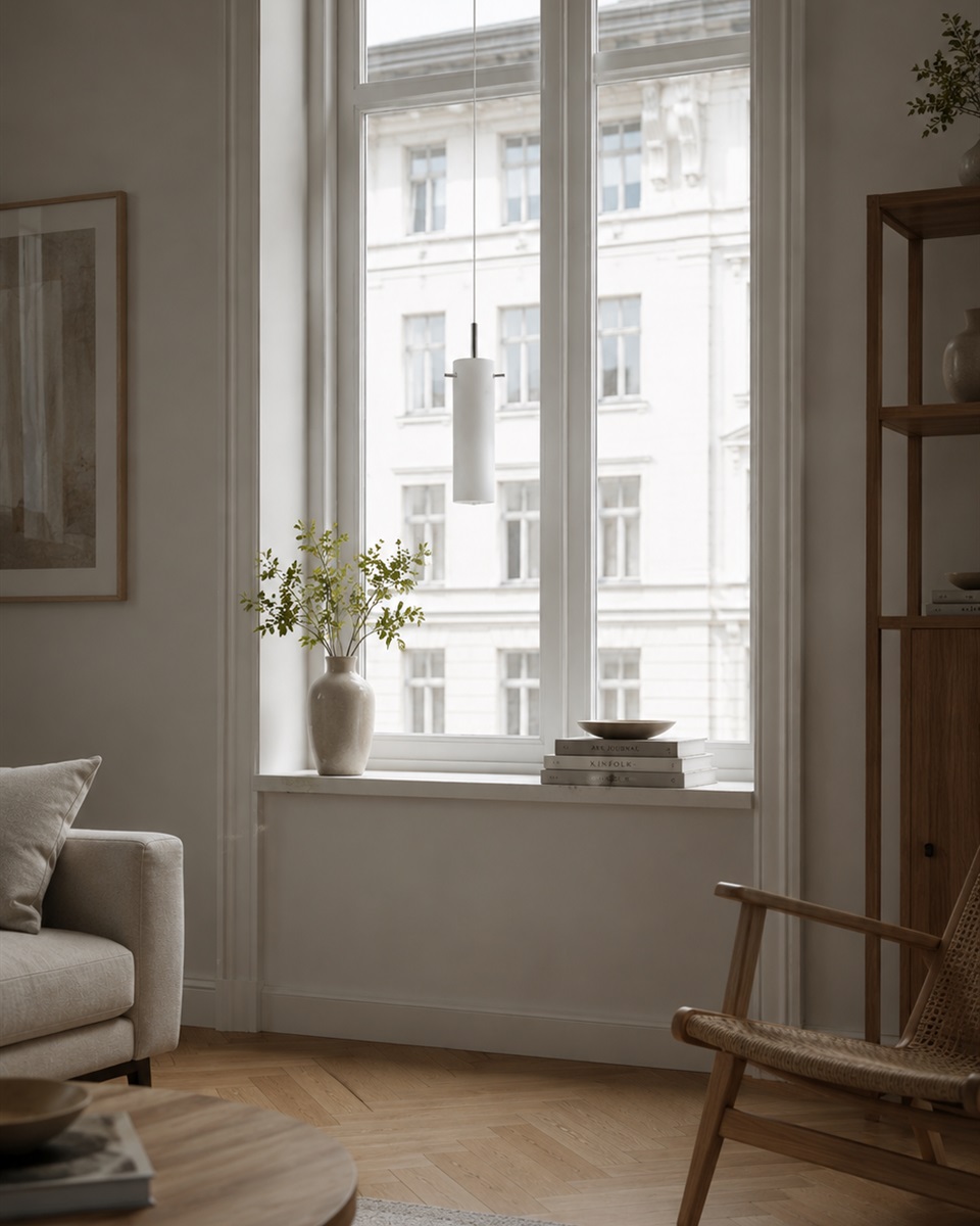 Cilinda Ø7 Krom/vit fönsterlampa från Nordic Lighting - Det vita glaset skapar en fin ljusspridning och i kombination med kromdetaljerna blir det en snygg inredningsdetalj.