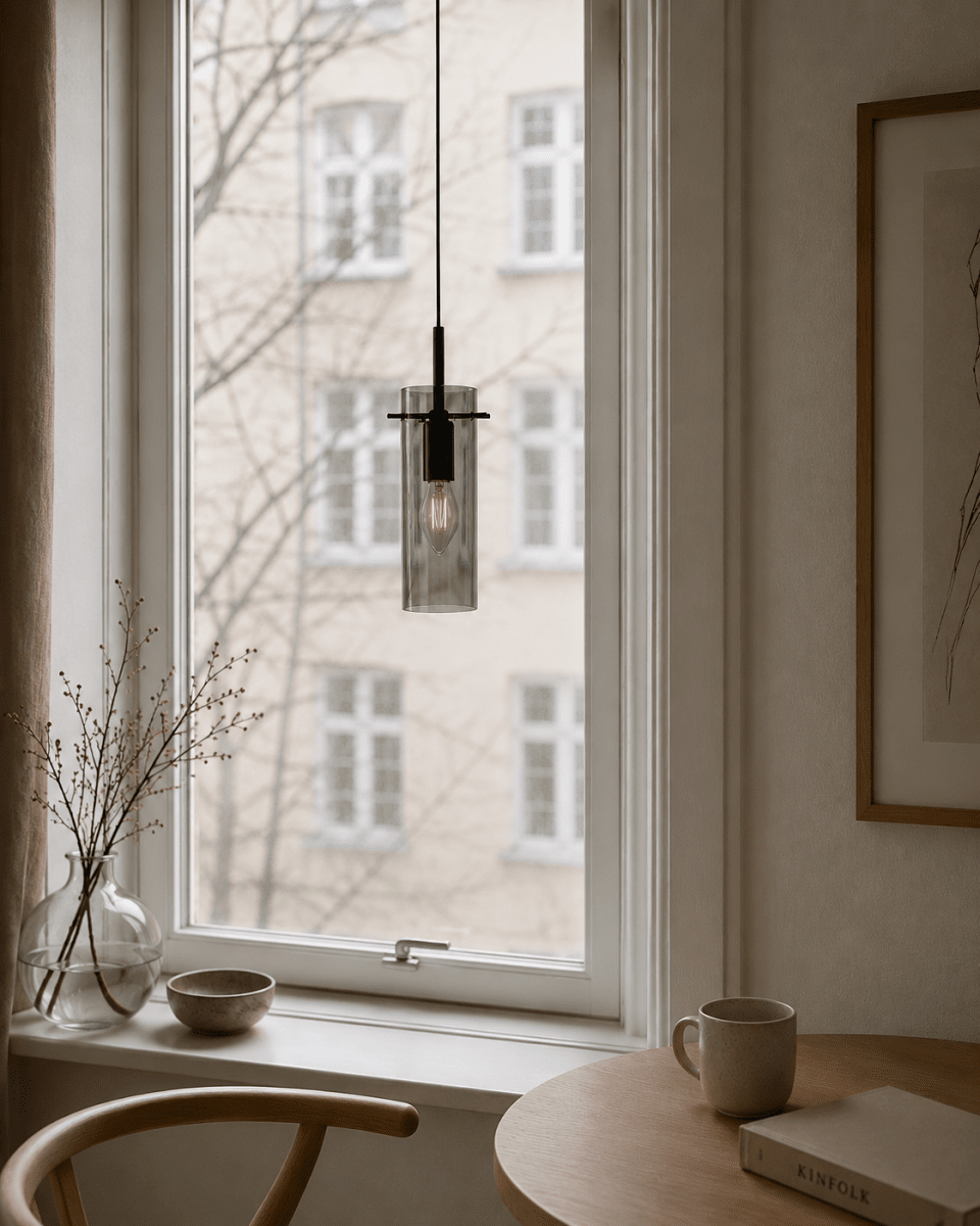 Cilinda Ø7 Svart/Rökfärgad fönsterlampa från Nordic Lighting - Det r&ouml;kf&auml;rgade glaset skapar en fin ljusspridning och i kombination med den svarta metallen blir det en snygg inredningsdetalj.