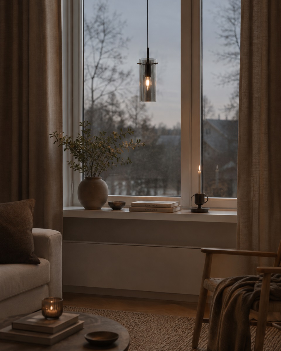 Cilinda Ø7 Svart/Rökfärgad fönsterlampa från Nordic Lighting - Det rökfärgade glaset skapar en fin ljusspridning och i kombination med den svarta metallen blir det en snygg inredningsdetalj.
