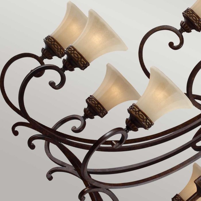 Drawing Room Ø137 Brons taklampa från Elstead Lighting - De &ouml;verlappande b&aring;garna och de r&auml;fflade detaljerna &aring;terfinns b&aring;de i de pressade glassk&aring;larna och de gjutna aluminiumf&auml;stena.