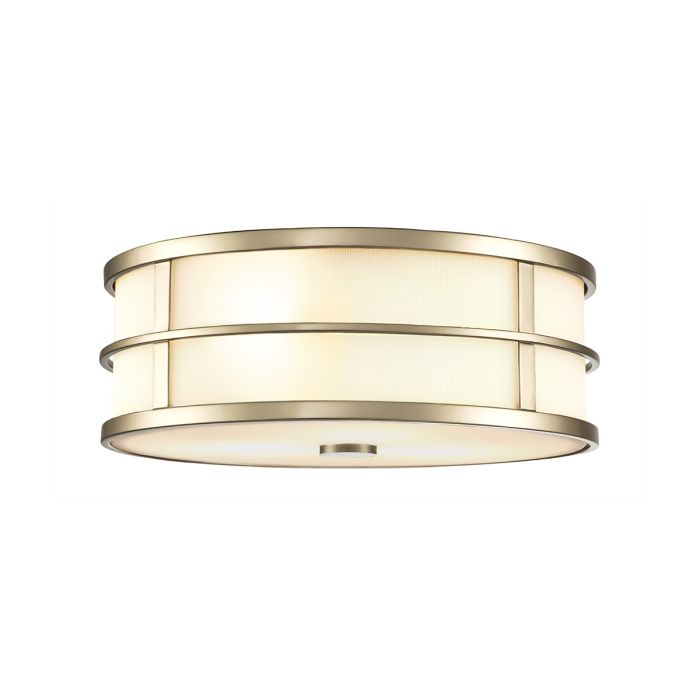 Fusion Ø34 Mässing plafond från Elstead Lighting - Ramen &auml;r f&ouml;rsedd med r&auml;fflat opalglas runt sidorna och en glaskupa som diffusor i botten, vilket skapar en fascinerande ljuseffekt.