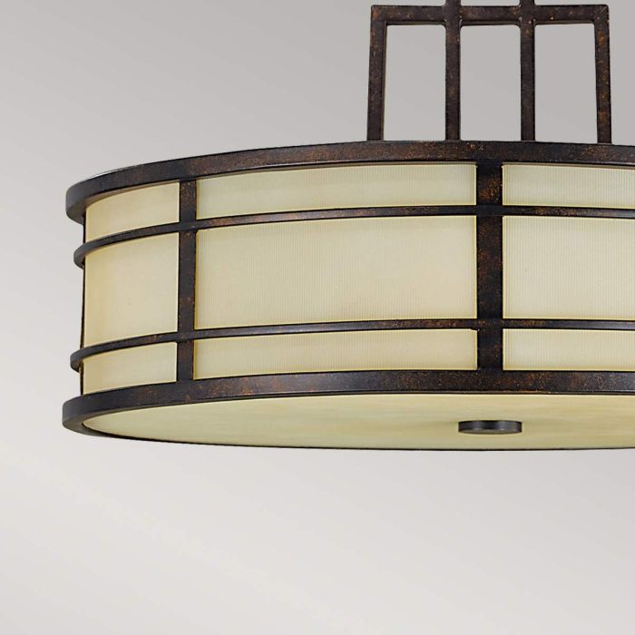 Fusion Ø53 Brons taklampa från Elstead Lighting - Fusion kombinerar inslag fr&aring;n Arts &amp; Crafts-stilen och skapar en design med vertikala och horisontella linj&auml;ra band av metall i brons finish, vilket ger en vacker kontrast mot den b&auml;rnstensf&auml;rgade r&auml;fflade glassk&auml;rmen och diffusorn.