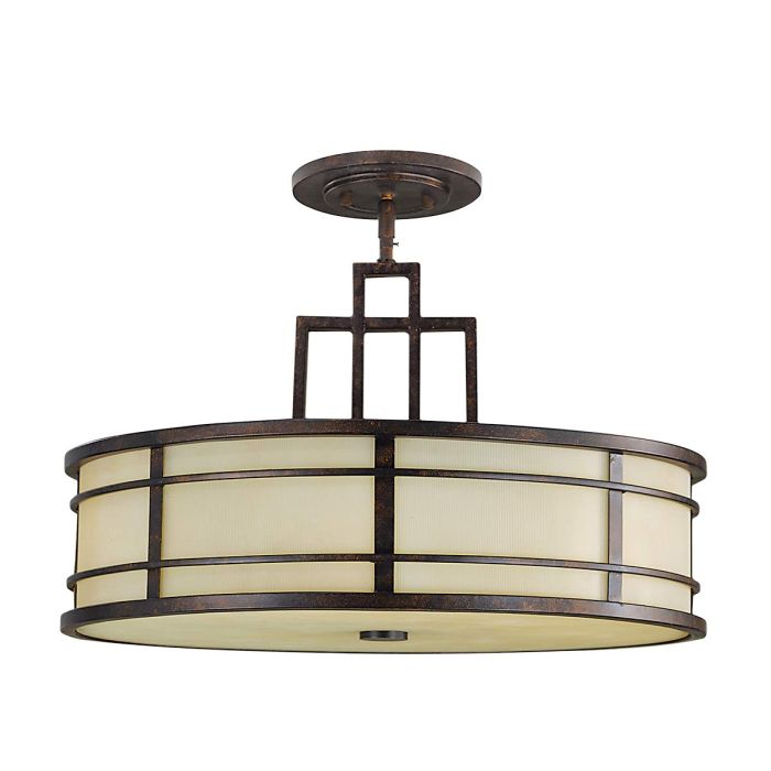 Fusion Ø53 Brons taklampa från Elstead Lighting - Fusion kombinerar inslag fr&aring;n Arts &amp; Crafts-stilen och skapar en design med vertikala och horisontella linj&auml;ra band av metall i brons finish, vilket ger en vacker kontrast mot den b&auml;rnstensf&auml;rgade r&auml;fflade glassk&auml;rmen och diffusorn.