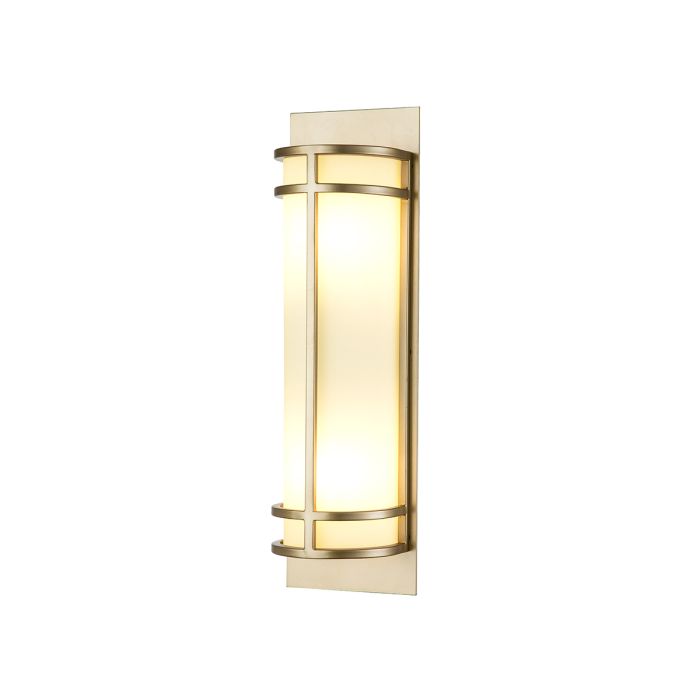 Fusion 43cm Mässing vägglampa från Elstead Lighting - Armaturen har en rektangul&auml;r v&auml;ggplatta och en serie yttre stavar som h&aring;ller en cylindrisk ram.