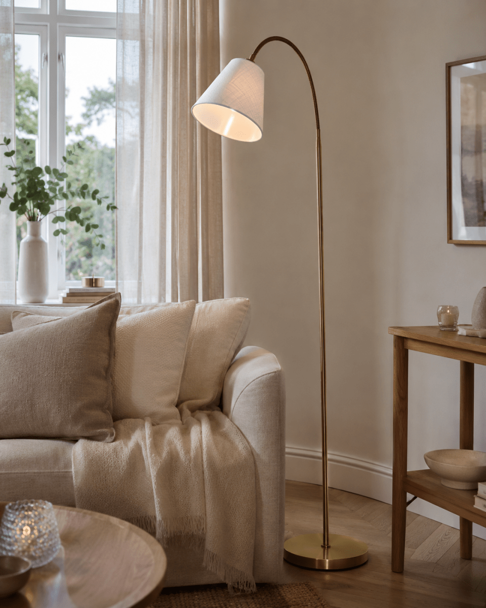 Uno Antikmässing golvlampa från Lampan - Den vita lampsk&auml;rmen i linne sprider ett mjukt och behagligt ljus och passar perfekt som l&auml;slampa vid soffan eller som st&auml;mningsbelysning i sovrummet.