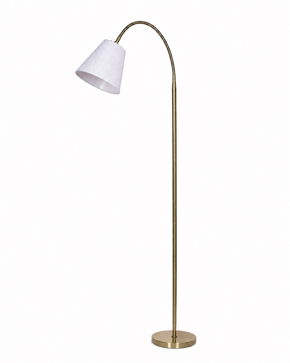 Uno Antikmässing golvlampa från Lampan - Den vita lampsk&auml;rmen i linne sprider ett mjukt och behagligt ljus och passar perfekt som l&auml;slampa vid soffan eller som st&auml;mningsbelysning i sovrummet.