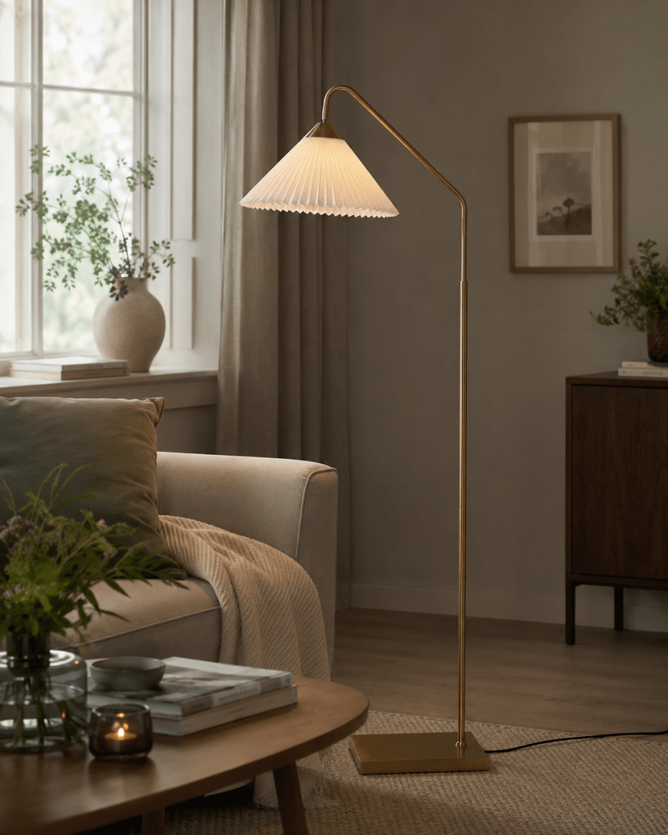 Nonna Antikmässing golvlampa från Lampan - Den vita, veckade sk&auml;rmen i linne sprider ett mjukt och behagligt ljus och passar perfekt som st&auml;mningsbelysning eller l&auml;slampa vid soffan och f&aring;t&ouml;ljen.