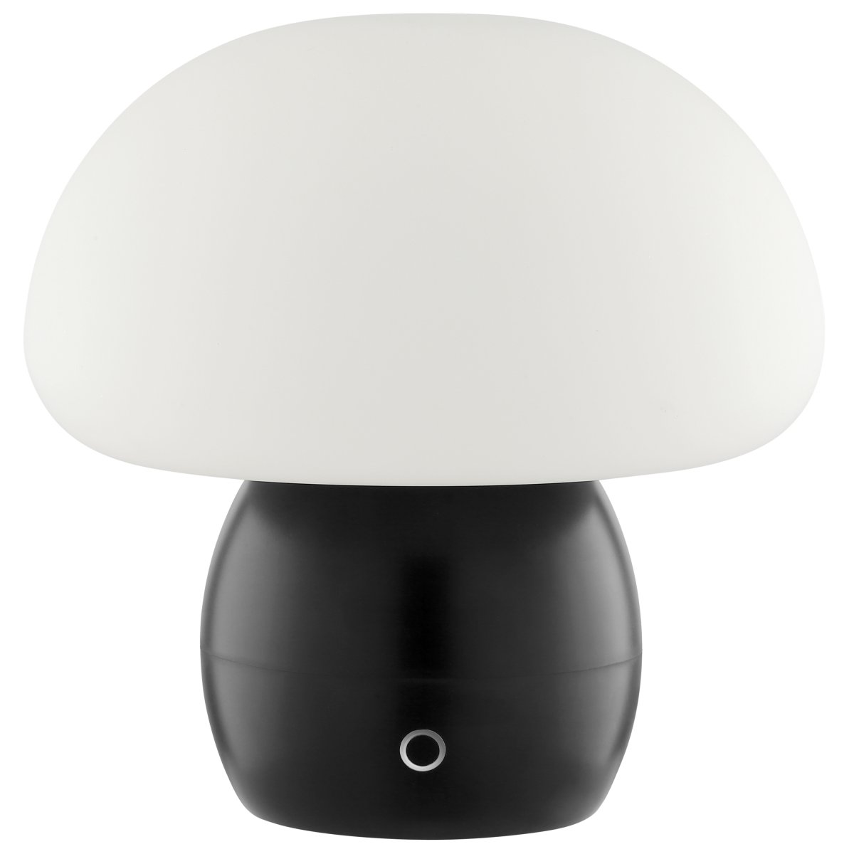 Dupos 22cm Svart portabel från Brilliant - Dupos &auml;r en modern och praktisk bordslampa i vitt glas och svart fot av plast, formgiven i ett svampinspirerat formspr&aring;k som g&ouml;r den till ett dekorativt inslag i alla typer av interi&ouml;rer &ndash; fr&aring;n sovrum till vardagsrum, k&ouml;k eller terrass.