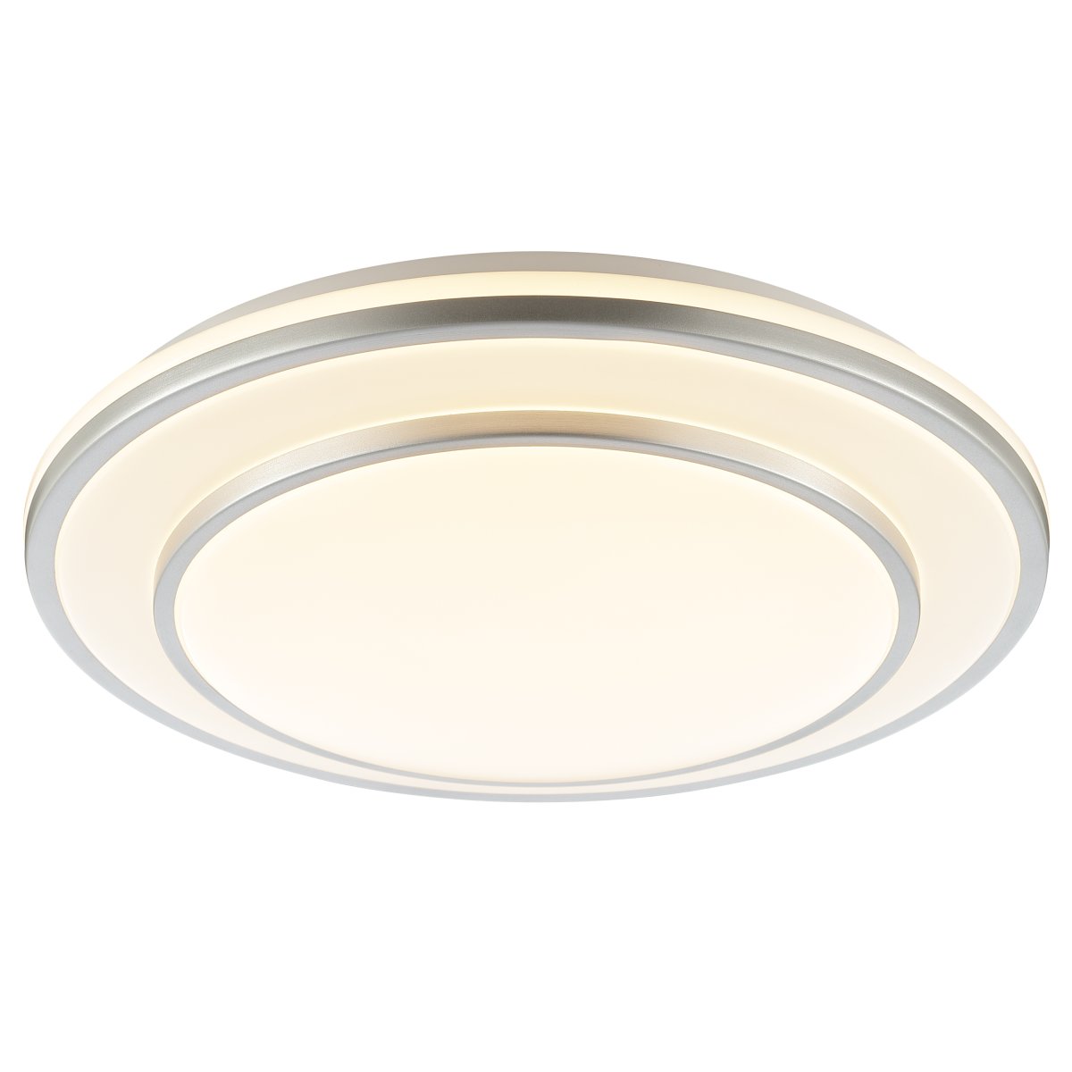 Luciano Ø40 Silver plafond från Brilliant - Luciano &auml;r en stilren plafond tillverkad i metall och plast, designad med silvriga ramar som ramar in den runda LED-panelen p&aring; ett modernt och diskret s&auml;tt.