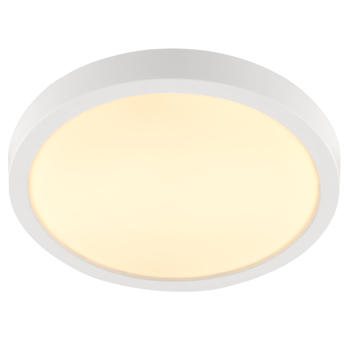 Jade Ø28cm Vit badrumslampa från Brilliant - Den vita ramen omfamnar en stor LED-panel som avger ett starkt och j&auml;mnt ljus &ouml;ver hela ytan &ndash; perfekt f&ouml;r utrymmen d&auml;r god belysning &auml;r viktig.