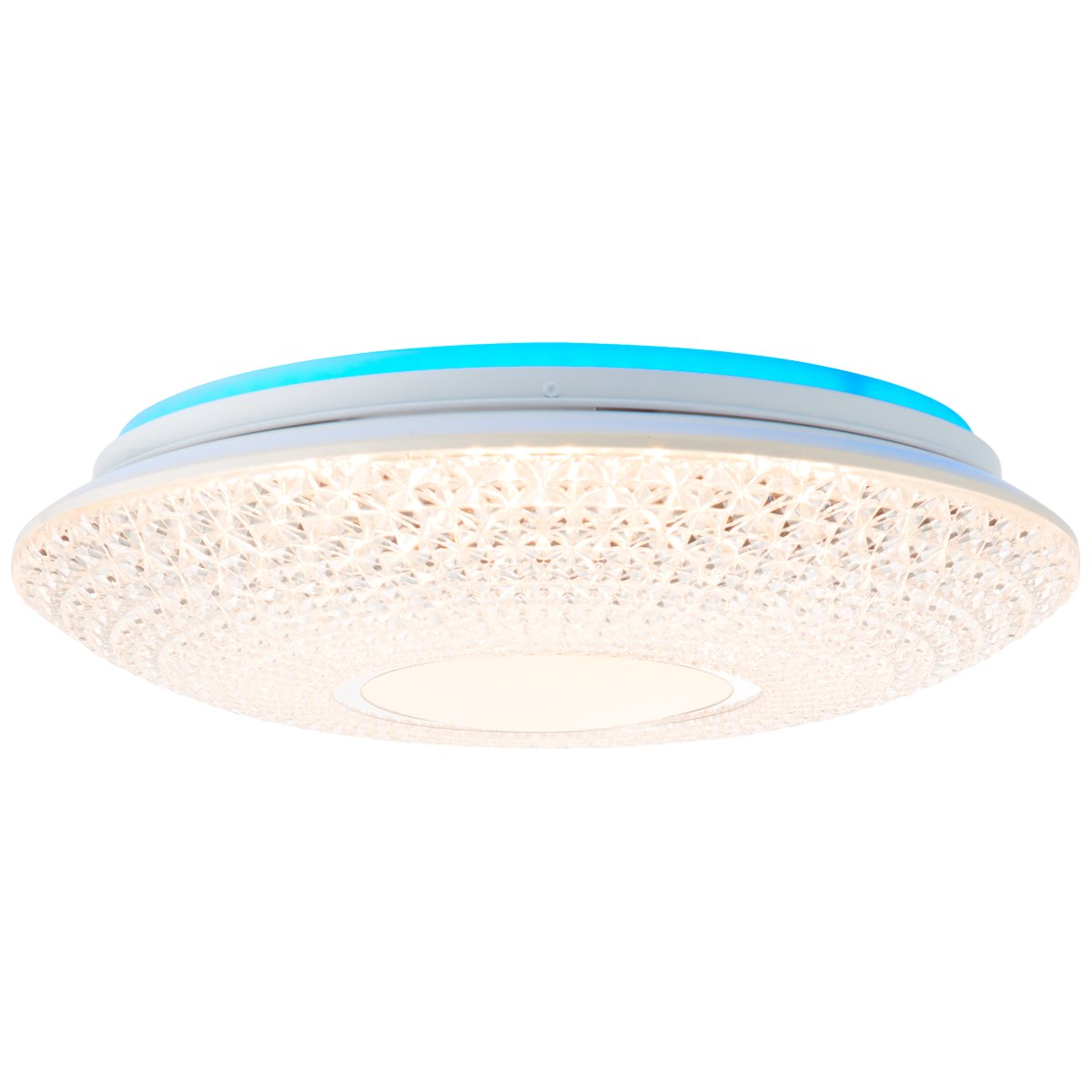 Lucian Ø40 Vit plafond från Brilliant - LED panelen omfamnas av den klara sk&auml;rmen med sm&aring; utformade prismor vilket skapar en vacker ljusbild i rummet n&auml;r lampan &auml;r t&auml;nd.