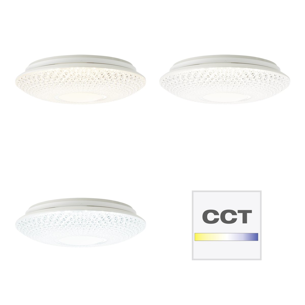 Lucian Ø40 Vit plafond från Brilliant - LED panelen omfamnas av den klara sk&auml;rmen med sm&aring; utformade prismor vilket skapar en vacker ljusbild i rummet n&auml;r lampan &auml;r t&auml;nd.