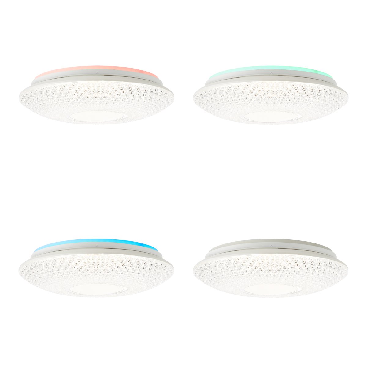 Lucian Ø40 Vit plafond från Brilliant - LED panelen omfamnas av den klara sk&auml;rmen med sm&aring; utformade prismor vilket skapar en vacker ljusbild i rummet n&auml;r lampan &auml;r t&auml;nd.