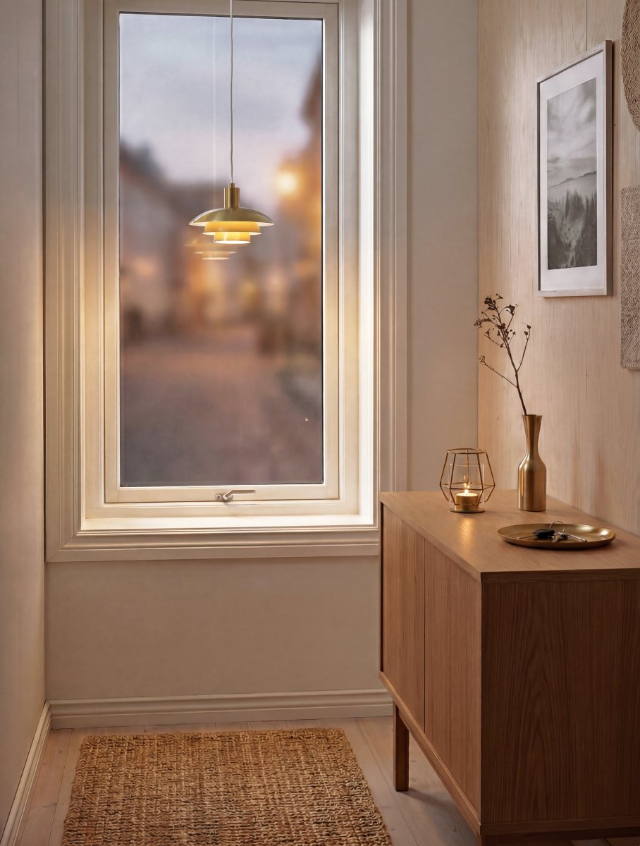 Epsilon Ø20 Guld fönsterlampa från Aneta Lighting - Epsilon f&ouml;nsterlampa har en tidl&ouml;s design med flera sk&auml;rmar i olika niv&aring;er som ger lampan ett karakt&auml;ristiskt och elegant uttryck.