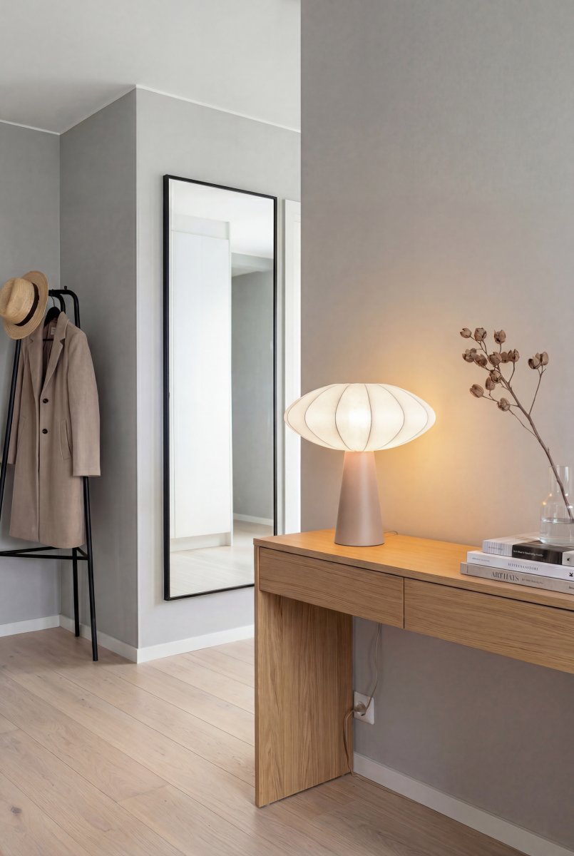 Madison 35cm Beige bordslampa från Aneta Lighting - Den gener&ouml;sa sk&auml;rmen i konstsilke har en vackert b&ouml;ljande form och vilar p&aring; en n&auml;tt lampfot i metall.