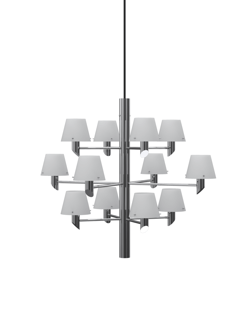 Gil Ø67 Krom taklampa från Herstal - En modern design som reflekterar ljus och liv med sj&auml;lvs&auml;ker elegans genom sk&auml;rmarna av opalglas.