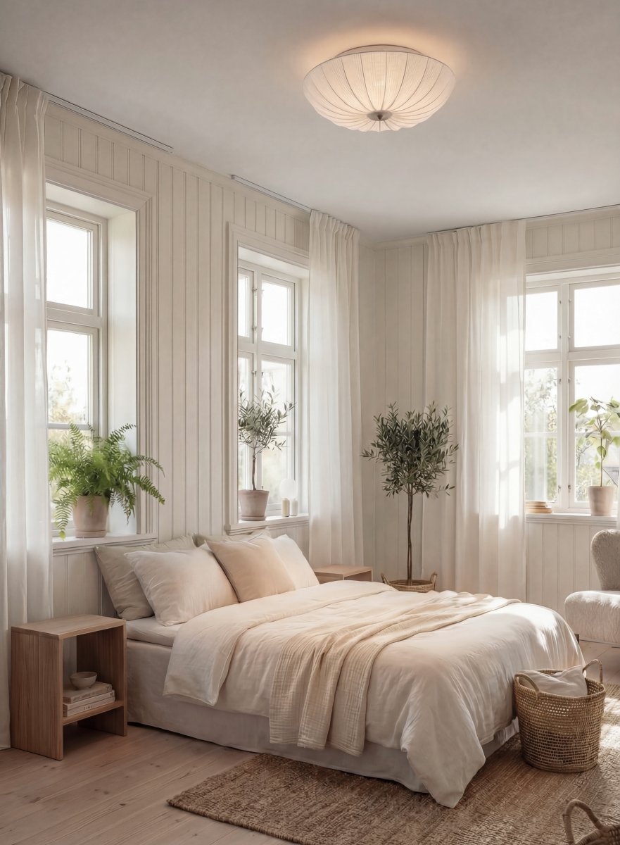 Lady Ø55 Vit plafond från Aneta Lighting - Kombinationen av den ljusa textilen och detaljerna i m&auml;ssing ger lampan ett stilfullt och tidl&ouml;st uttryck.