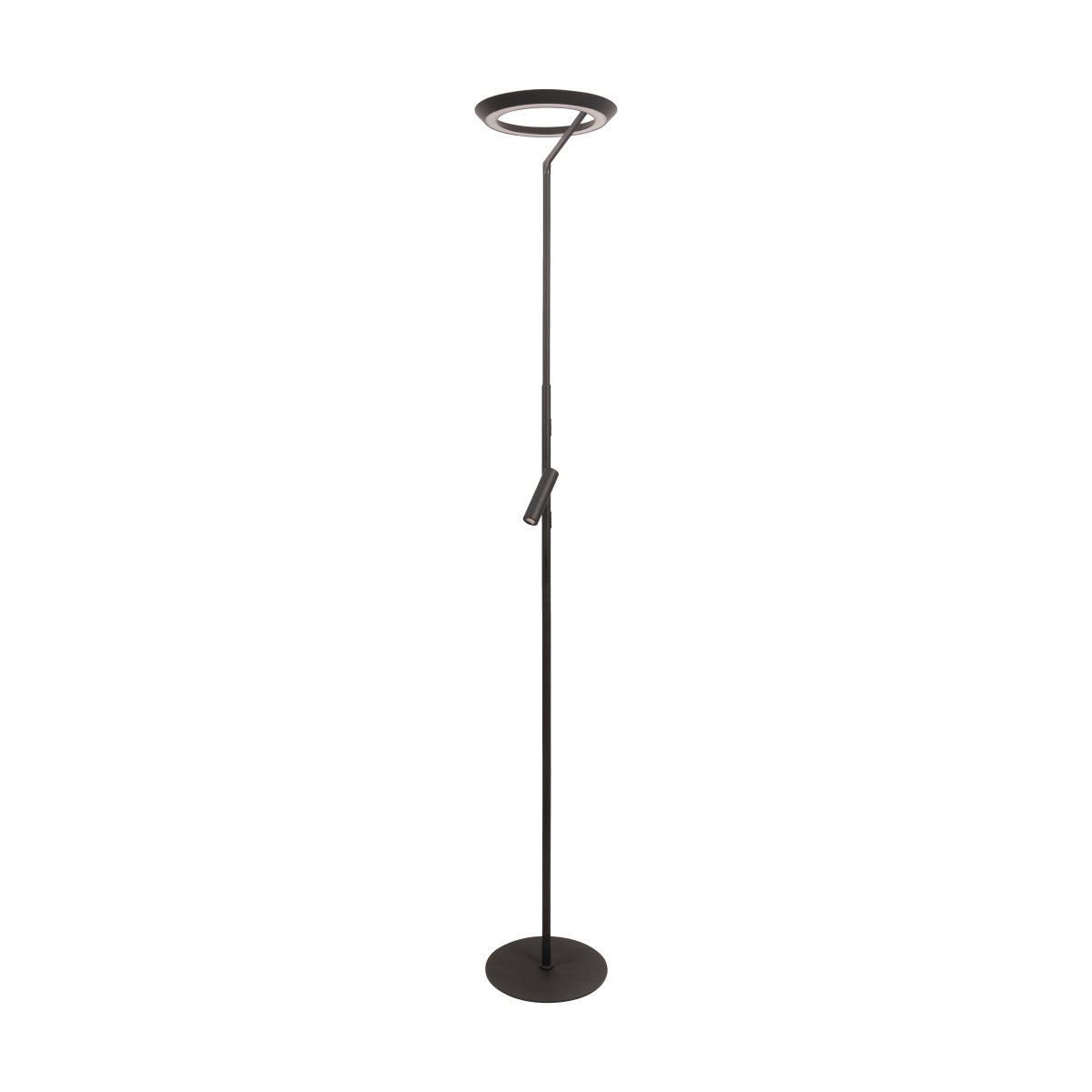 Celeste 2 Svart golvlampa från Lucide - Den runda uplighten sprider ljuset b&aring;de upp&aring;t och ned&aring;t och skapar bra allm&auml;nbelysning i rummet.