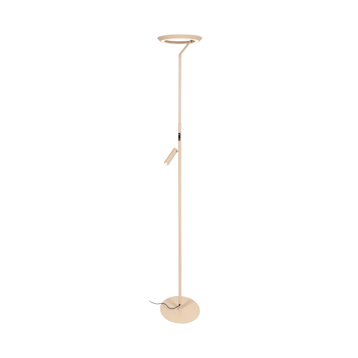 Celeste 2 Taupe golvlampa från Lucide - Den runda uplighten sprider ljuset b&aring;de upp&aring;t och ned&aring;t och skapar bra allm&auml;nbelysning i rummet.