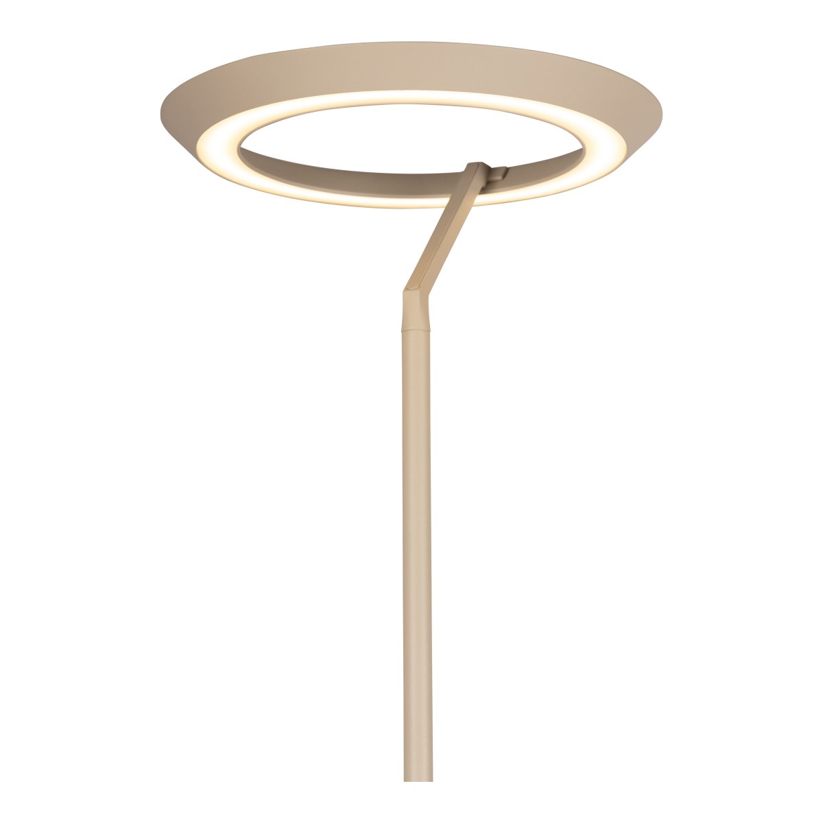 Celeste 2 Taupe golvlampa från Lucide - Den runda uplighten sprider ljuset b&aring;de upp&aring;t och ned&aring;t och skapar bra allm&auml;nbelysning i rummet.